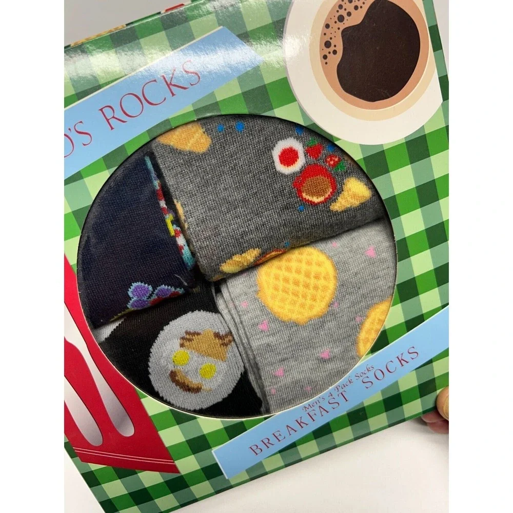Mens Novelty Socks 4 Pack Breakfast Theme Gift Set Eggs Toast Coffee Funny Socks